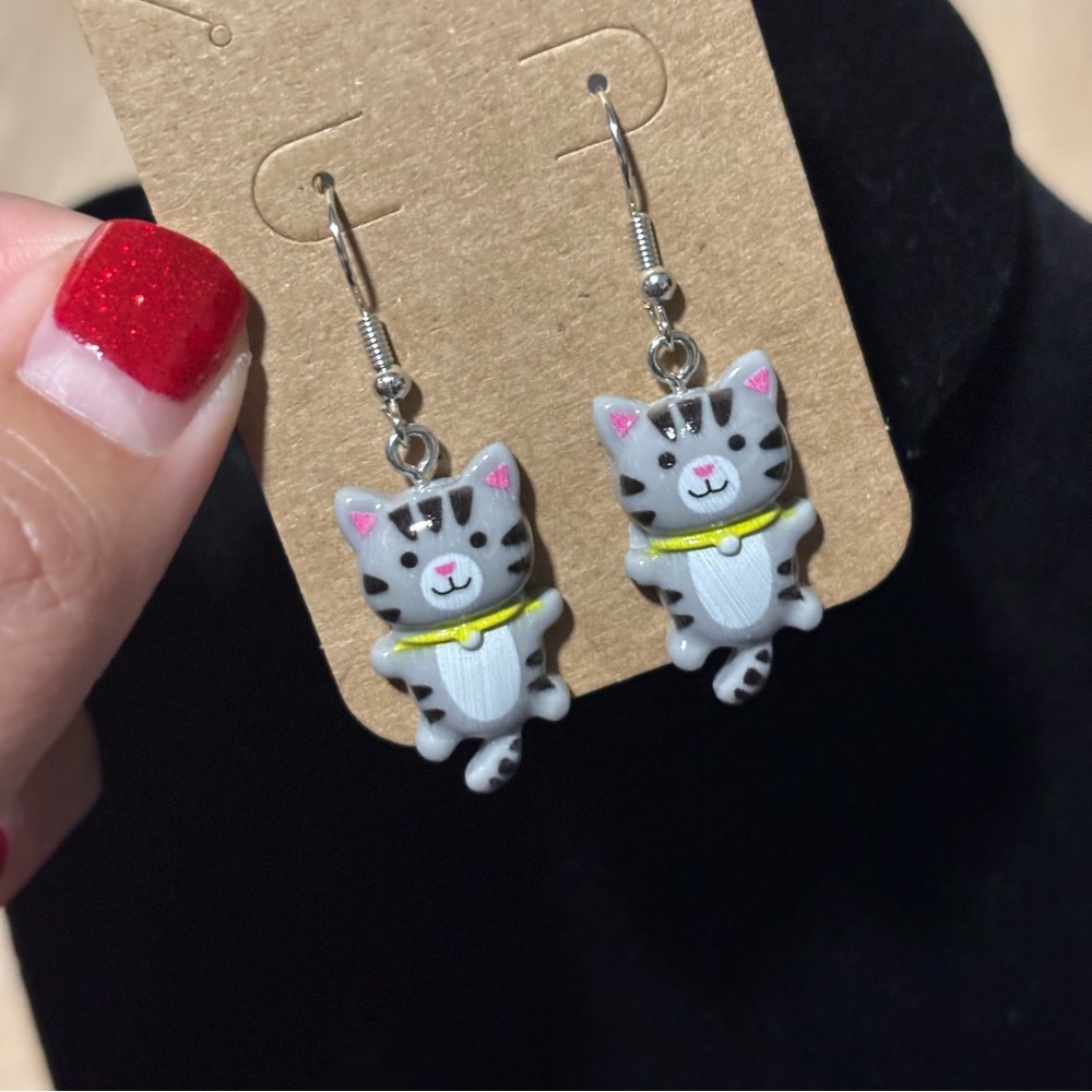 Cute Resin Grey Tabby Cat Dangle Tail, Hook Earrings - Super Cute Kitty Earring - Picture 4 of 7